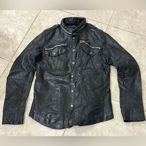 All Saints Men Black Leather Jacket Postnoon Shirt Large L Slim EUC